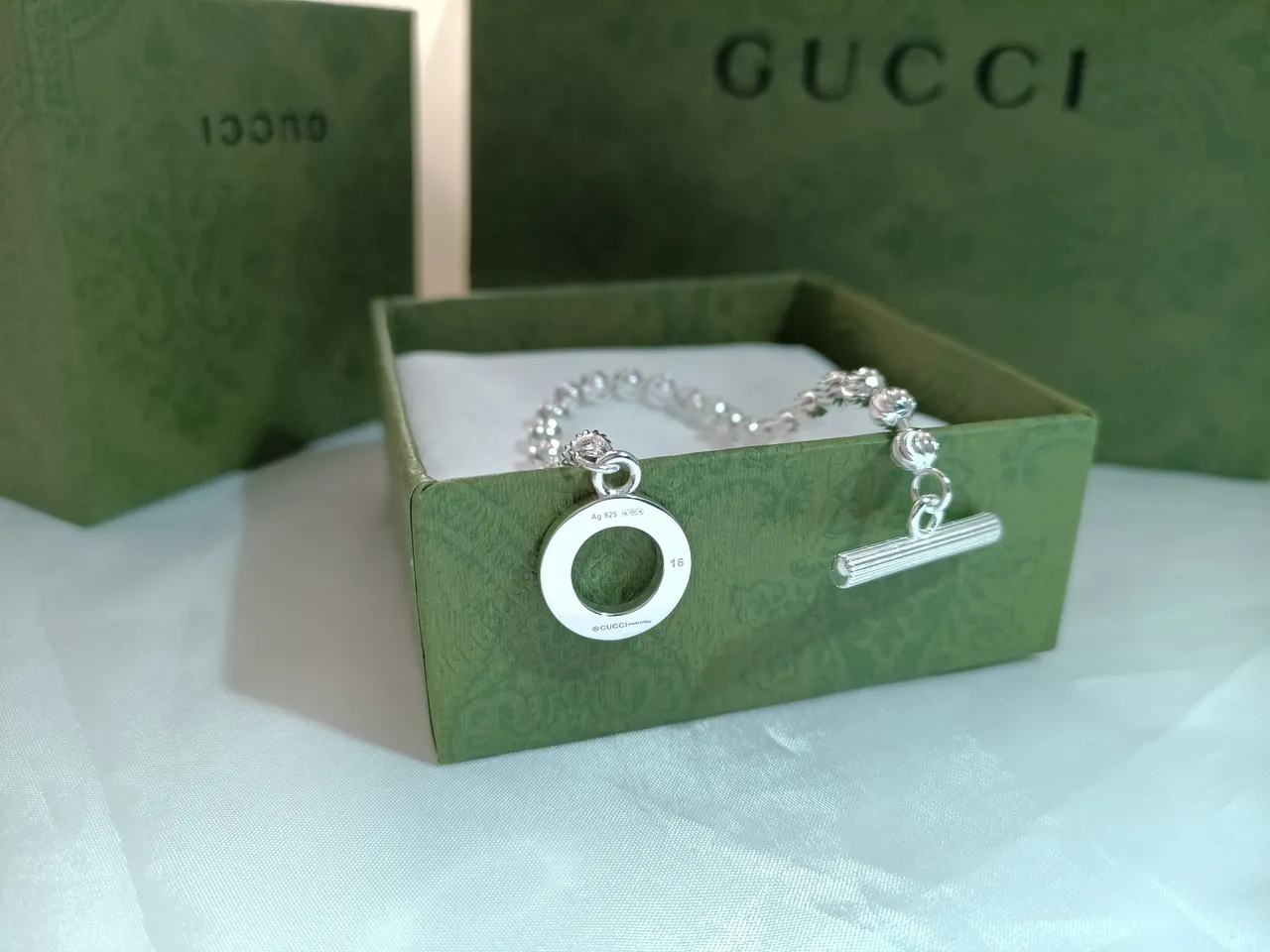 Gucci 银蓝色串珠球链条纹珐琅切换扣手链 3
