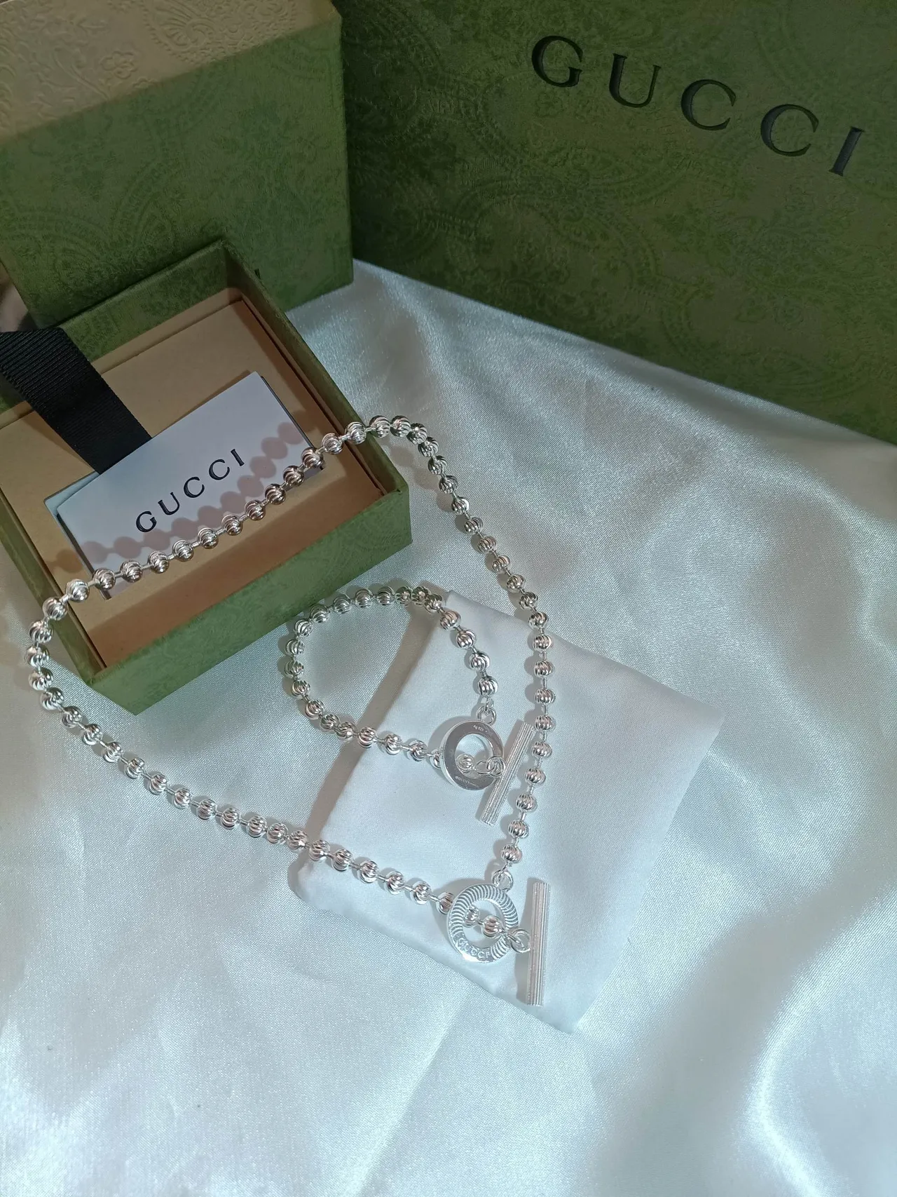 Gucci 银蓝色串珠球链条纹珐琅切换扣手链 4