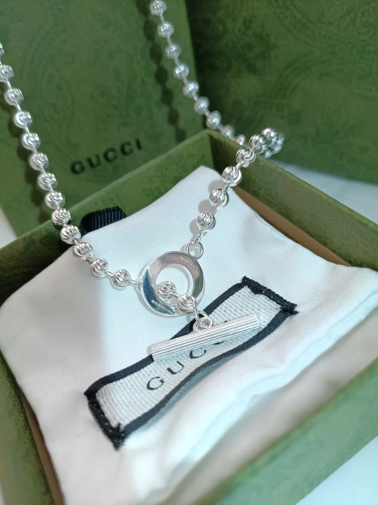 Gucci 银蓝色串珠球链条纹珐琅切换扣手链 5