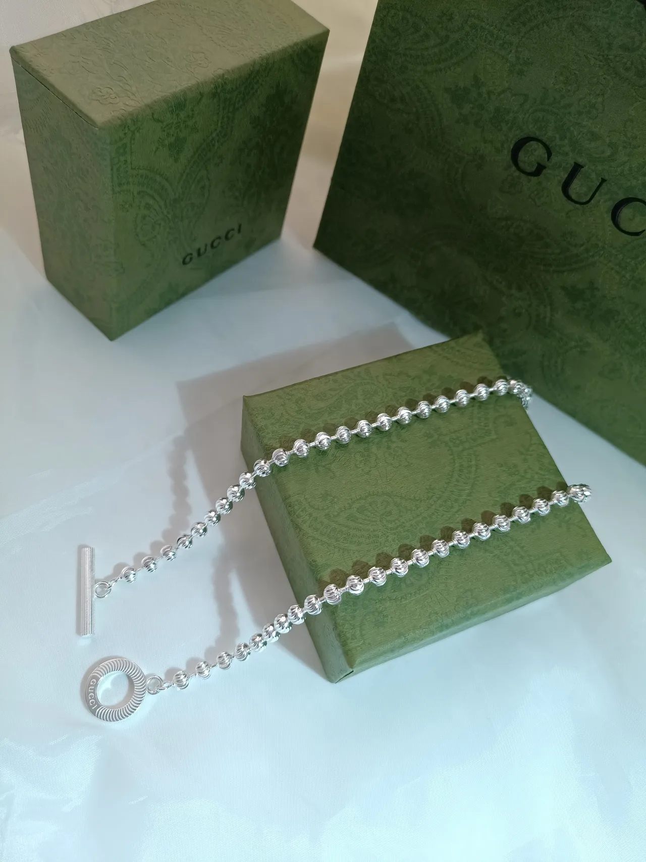 Gucci 银蓝色串珠球链条纹珐琅切换扣手链 6