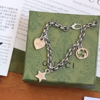 Gucci Silver Gold Curb Chain Three Dangling Charms Bracelet