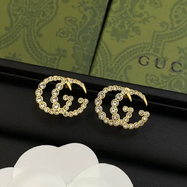 Gucci Silver Gold Interlocking Double-G Motif Crystal-Pavé Earrings 2