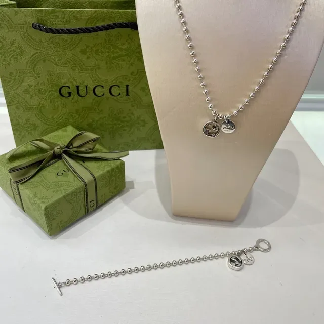Gucci Silver Green Ball-Chain Interlocking G Charm Necklace 6