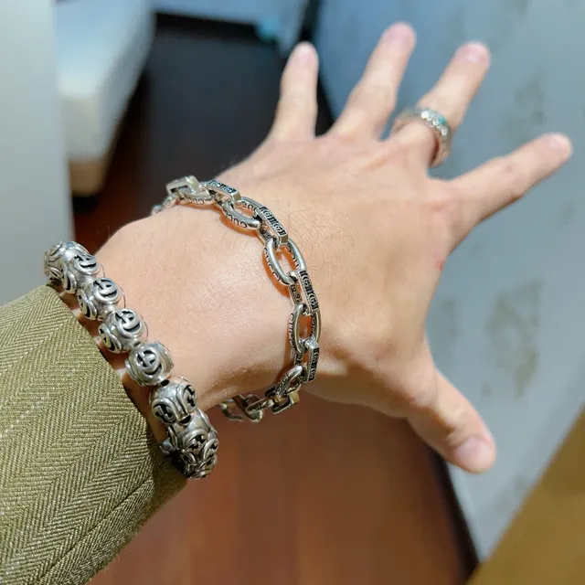 Gucci Silver Green Chunky Oval-Link Chain Engraved Branding Bracelet 5