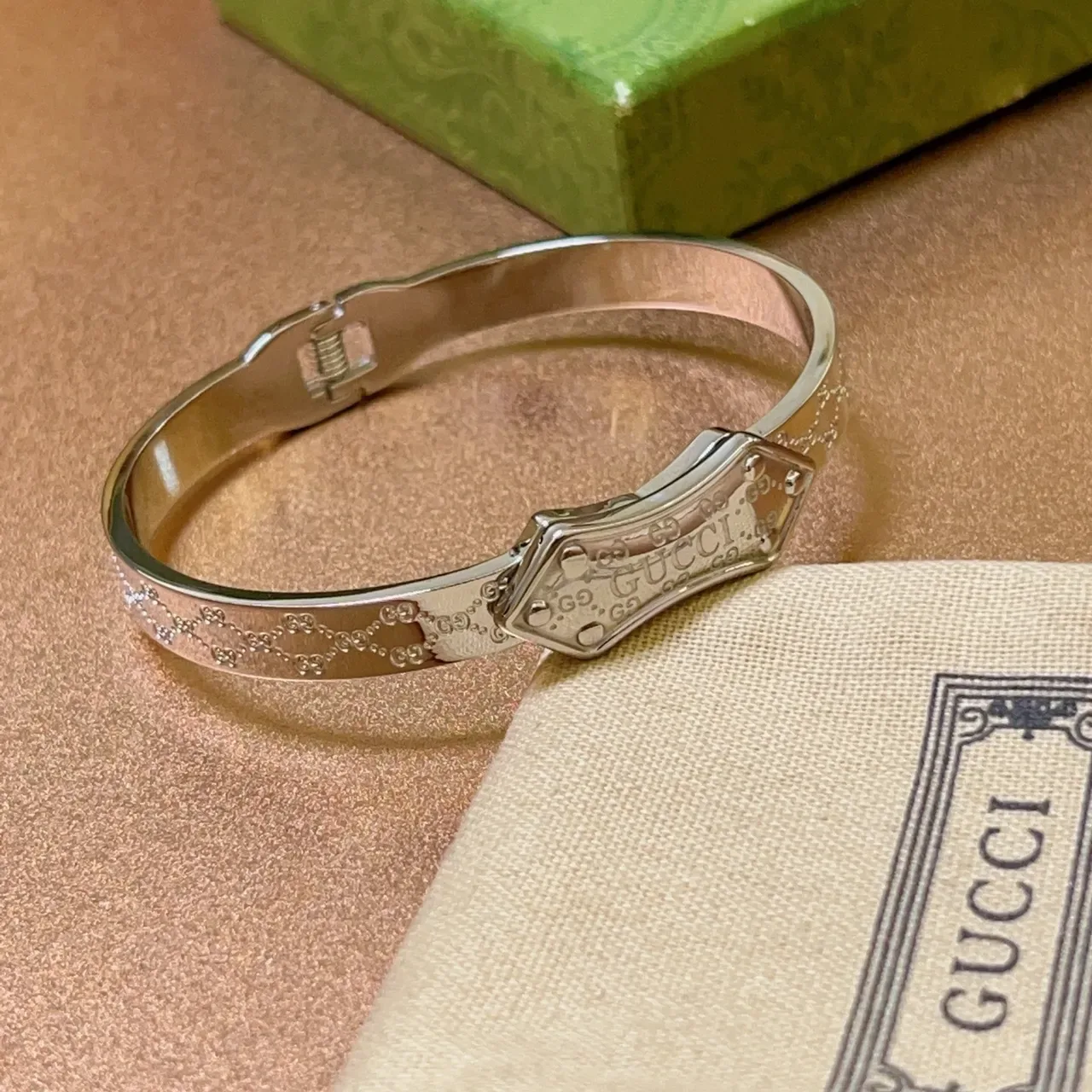 Gucci Silver Polished Engraved GG Monogram Bracelet 3