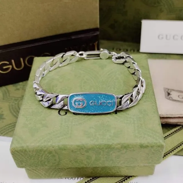 Gucci Silver Yellow Curb-Link Chain Enamel Plaque Bracelet 3