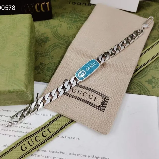 Gucci Silver Yellow Curb-Link Chain Enamel Plaque Bracelet 5