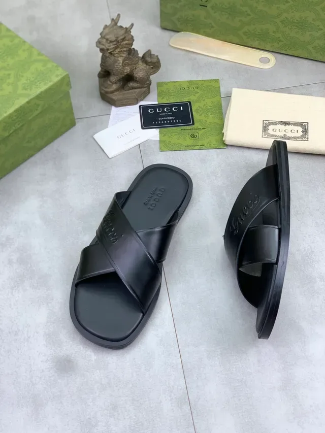 Gucci Slide Black Beige Embossed Logo Cross-Strap Slippers 4