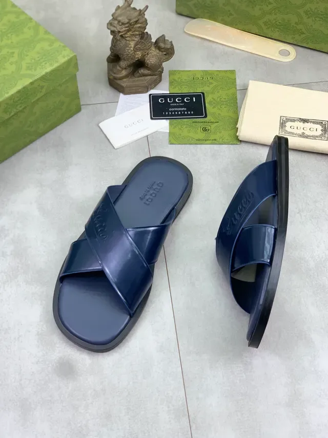 Gucci Slide Black Beige Embossed Logo Cross-Strap Slippers 5