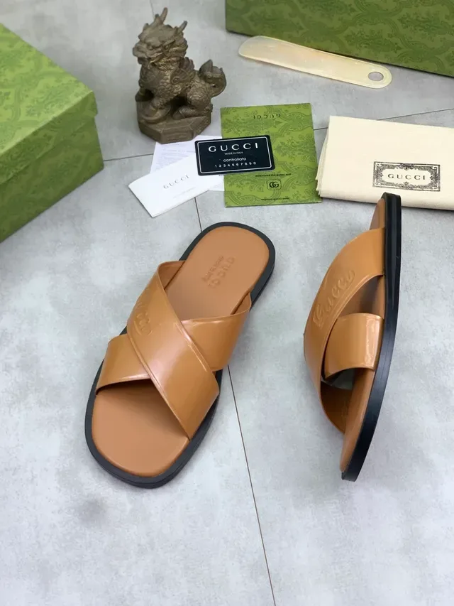 Gucci Slide Black Beige Embossed Logo Cross-Strap Slippers 6