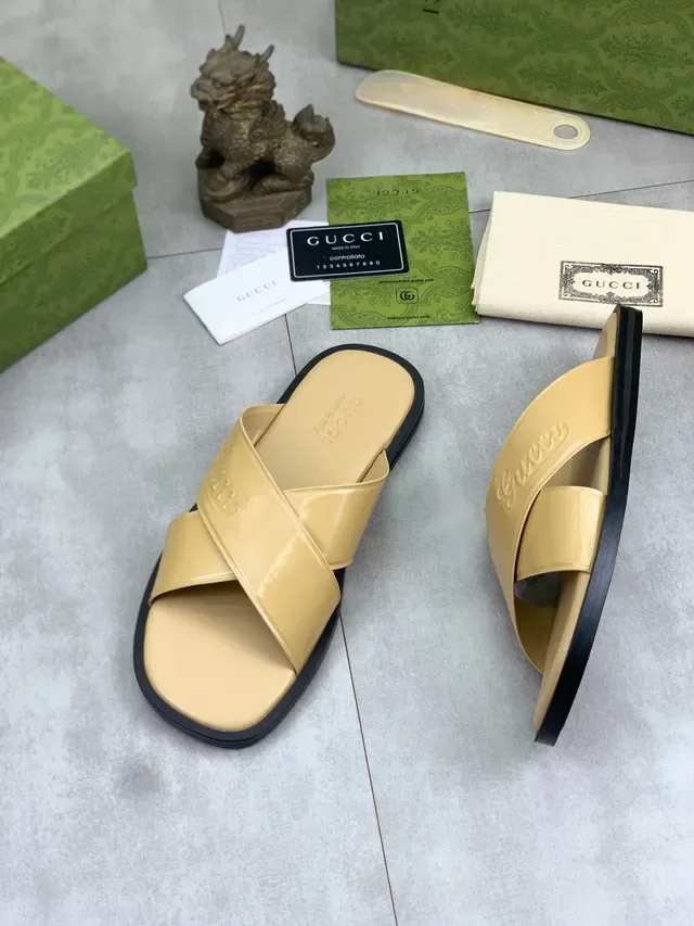 Gucci Slide Black Beige Embossed Logo Cross-Strap Slippers 7