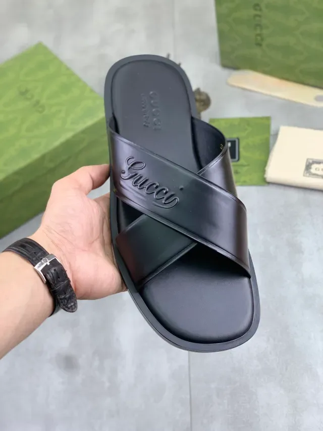 Gucci Slide Black Beige Embossed Logo Cross-Strap Slippers 8