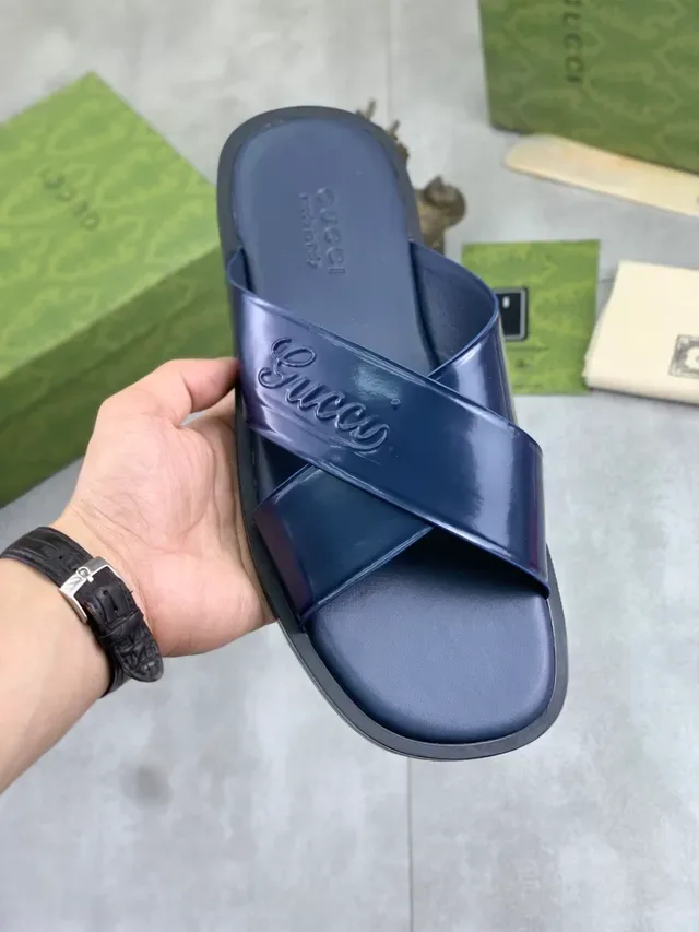 Gucci Slide Black Beige Embossed Logo Cross-Strap Slippers 9