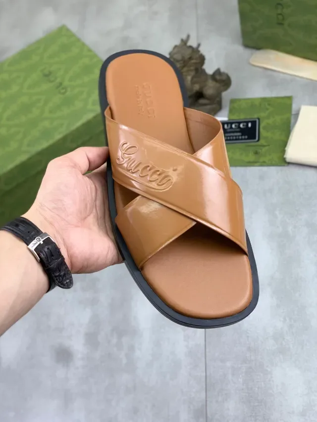 Gucci Slide Black Beige Embossed Logo Cross-Strap Slippers 10