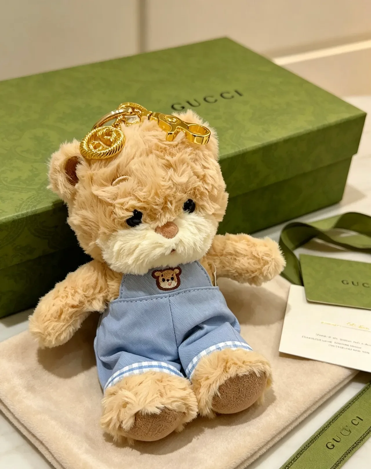 Gucci Teddy Bear Bolsa Beige Azul Plush Denim Overalls 2