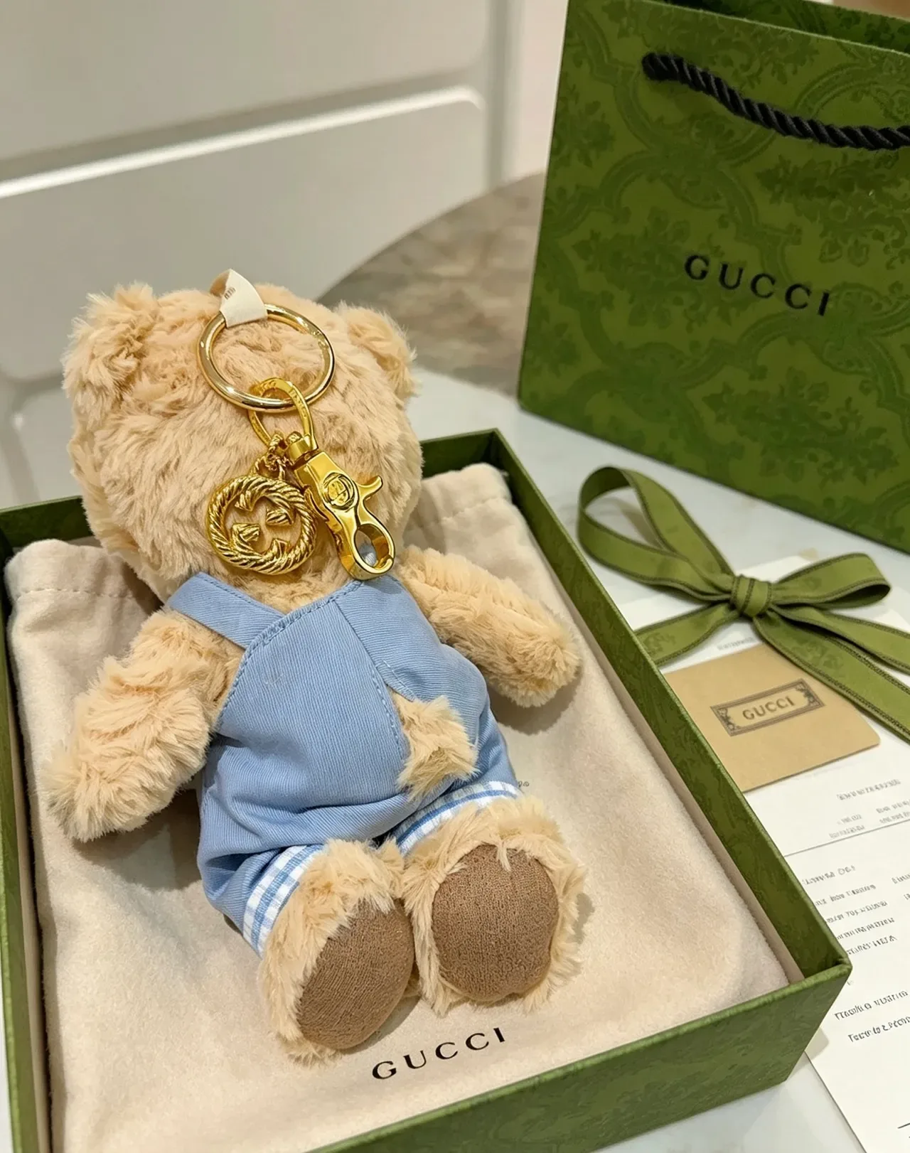 Gucci Teddy Bear Bolsa Beige Azul Plush Denim Overalls 3