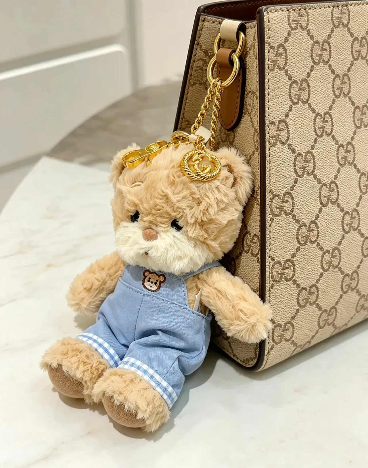 Gucci Teddy Bear Bolsa Beige Azul Plush Denim Overalls 4
