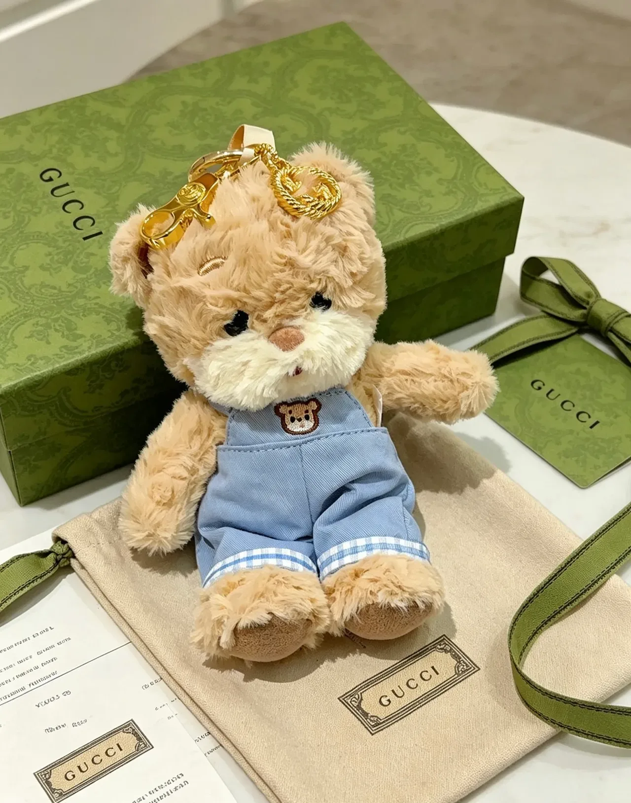 Gucci Teddy Bear Bolsa Beige Azul Plush Denim Overalls 5