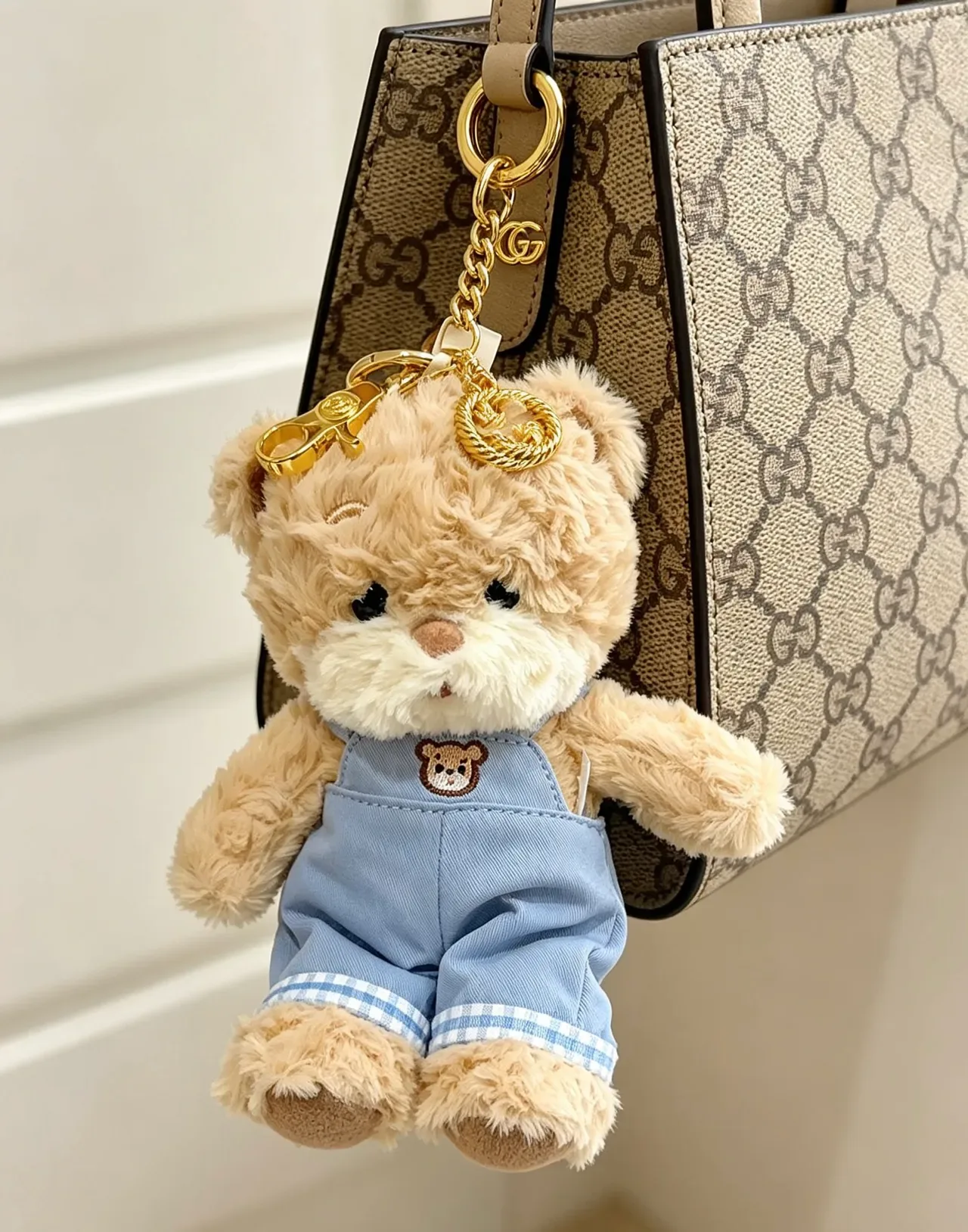 Gucci Teddy Bear Bolsa Beige Azul Plush Denim Overalls 6