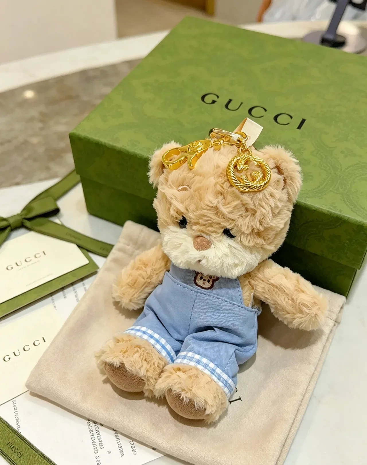Gucci Teddy Bear Bolsa Beige Azul Plush Denim Overalls 7