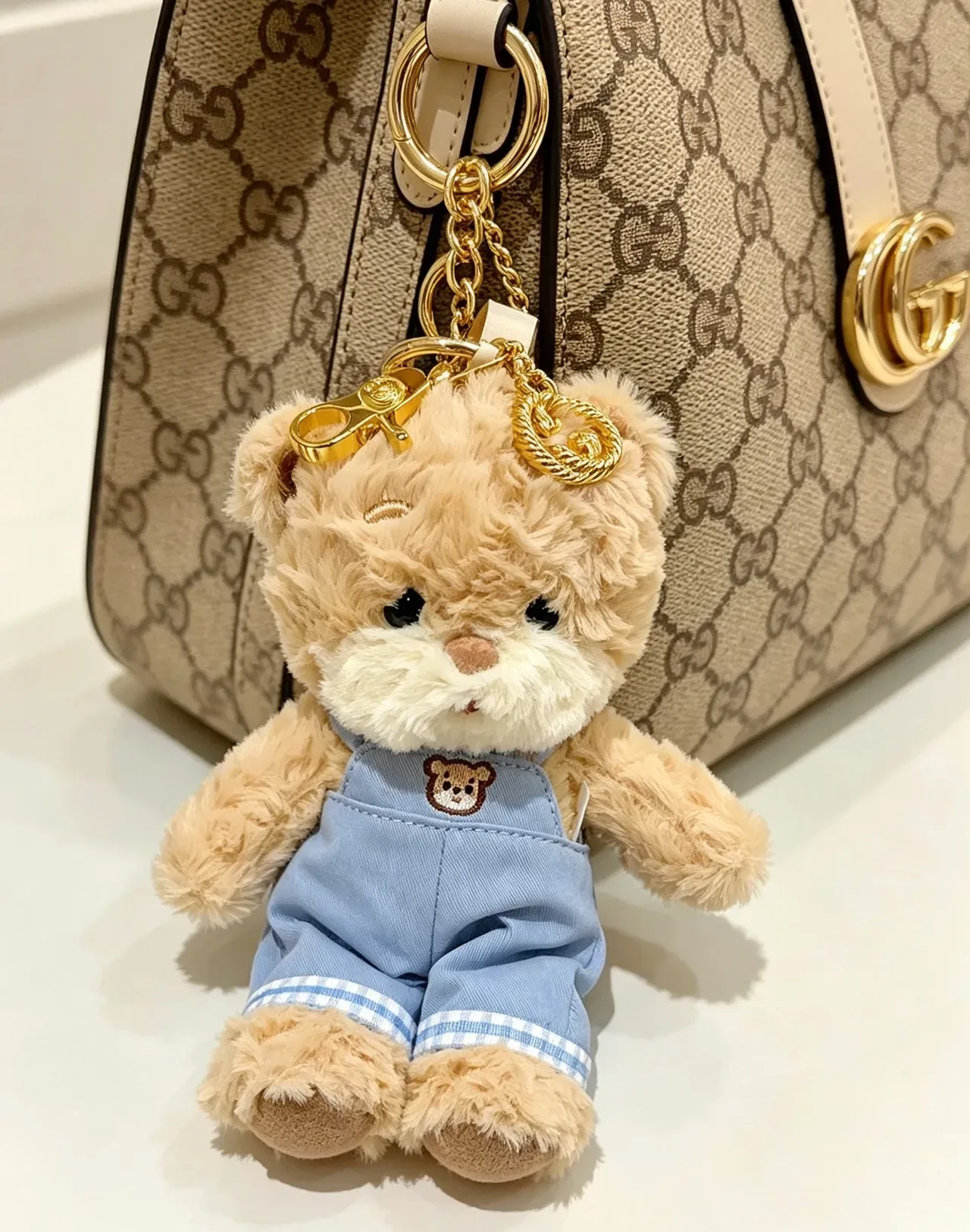 Gucci Teddy Bear Bolsa Beige Azul Plush Denim Overalls 8