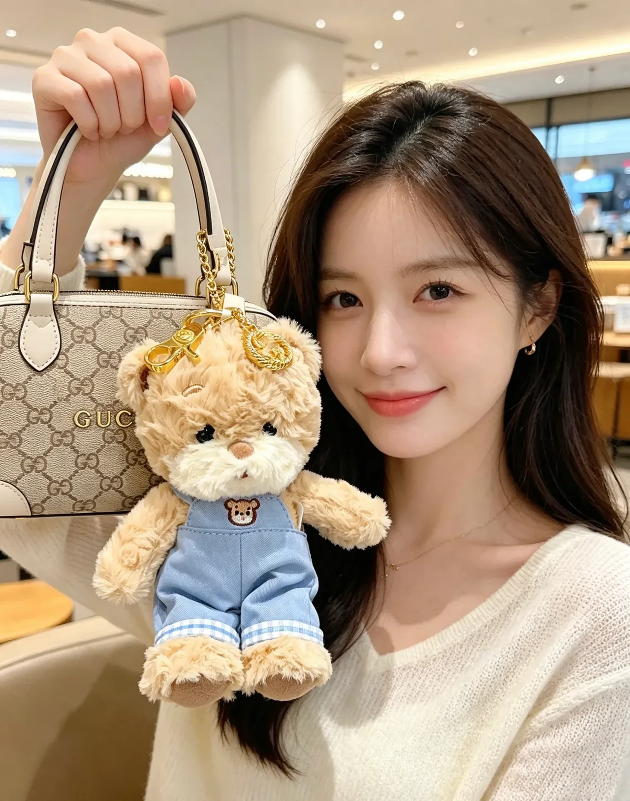 Gucci Teddy Bear Bolsa Beige Azul Plush Denim Overalls 9