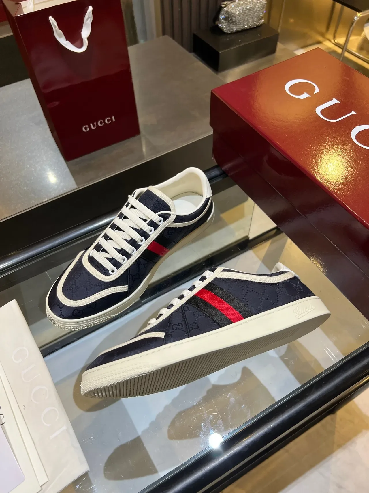 Gucci Tennis 1977 Azul Marino Rojo Rayas Web Zapatillas Lifestyle 2
