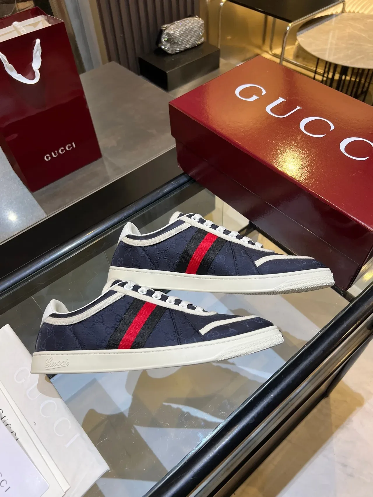 Gucci Tennis 1977 Azul Marino Rojo Rayas Web Zapatillas Lifestyle 4
