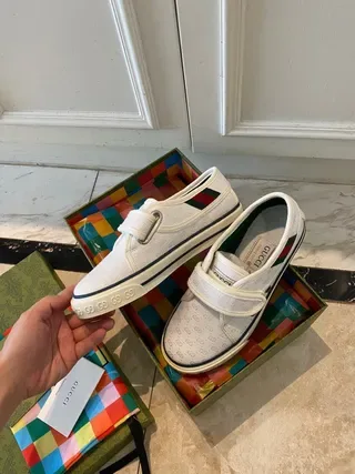 Gucci Tennis 1977 أبيض أخضر Velcro حزام إغلاق شبكة خطوط كعب أكسنت نمط حياة أحذية 6