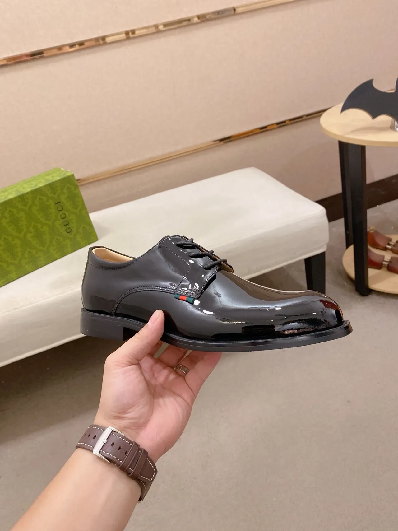 Gucci Web Stripe Noir Vert Cuir Patent Brillant Détail Oxford Chaussures 4