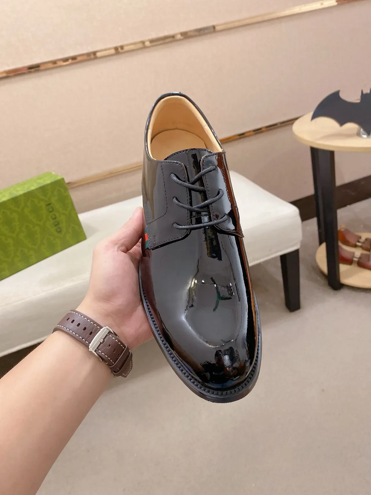 Gucci Web Stripe Noir Vert Cuir Patent Brillant Détail Oxford Chaussures 5