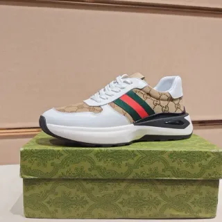 Gucci White Beige GG Monogram Canvas Web Stripe Accent Chunky Sneakers