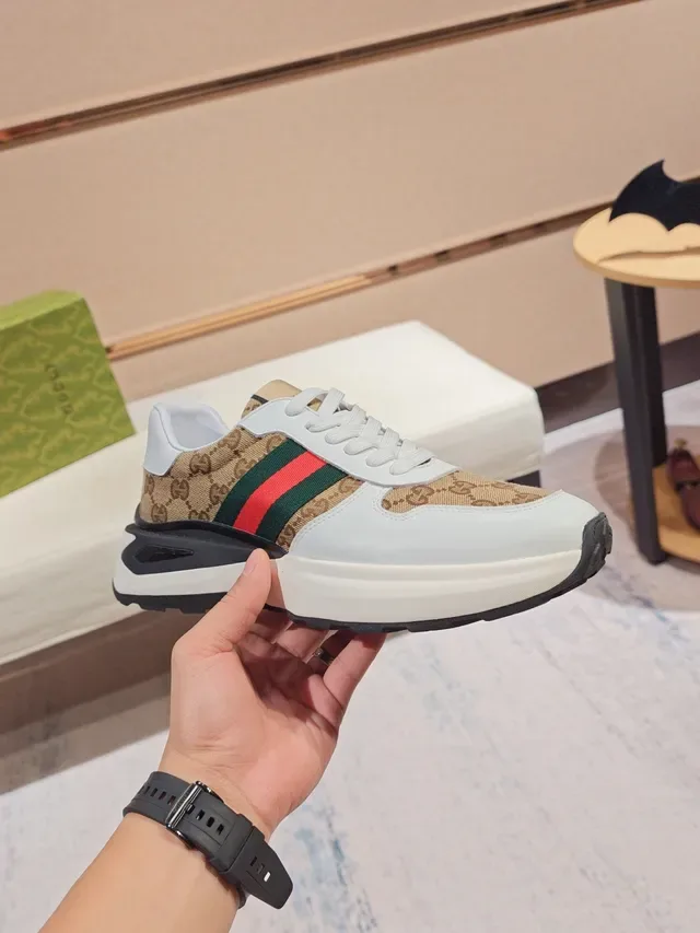 Gucci White Beige GG Monogram Canvas Web Stripe Accent Chunky Sneakers 4