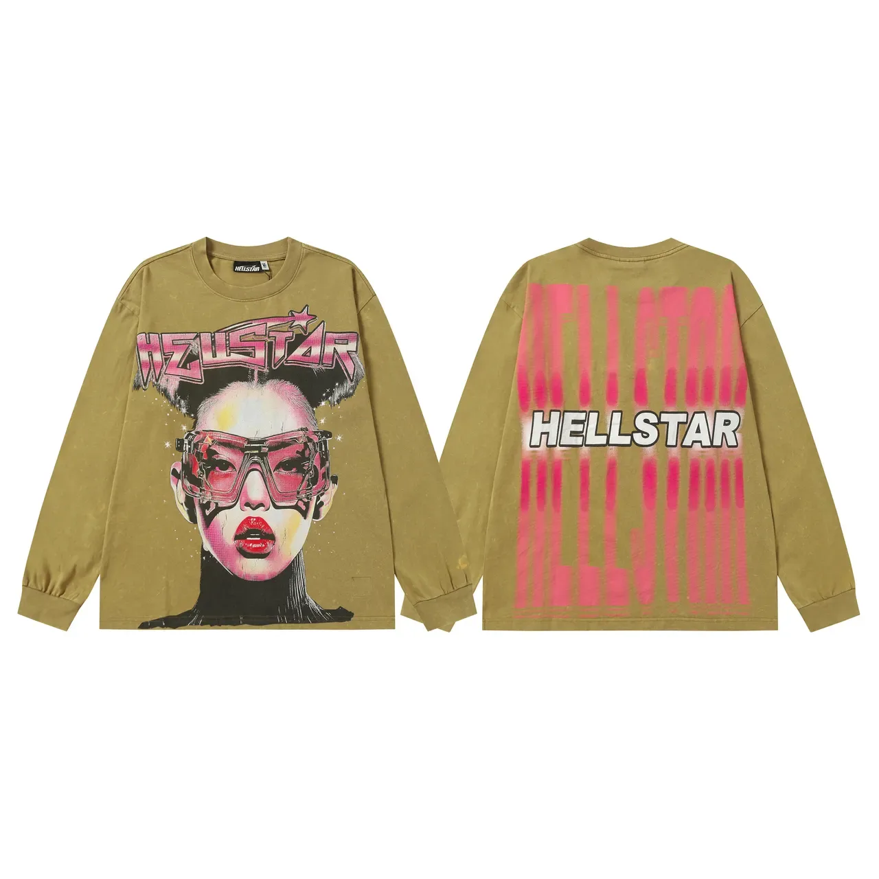 تي شيرت Hellstar بأكمام طويلة بطباعة جرافيك وغسيل حمضي 4
