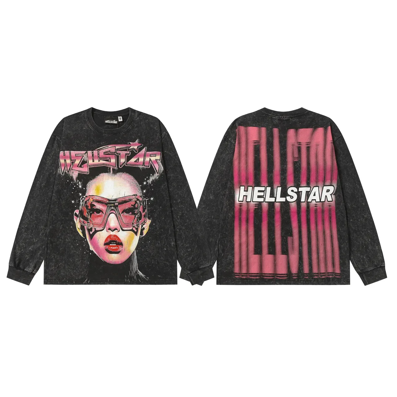 تي شيرت Hellstar بأكمام طويلة بطباعة جرافيك وغسيل حمضي 5