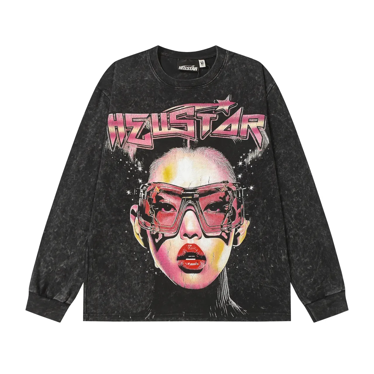 تي شيرت Hellstar بأكمام طويلة بطباعة جرافيك وغسيل حمضي 6