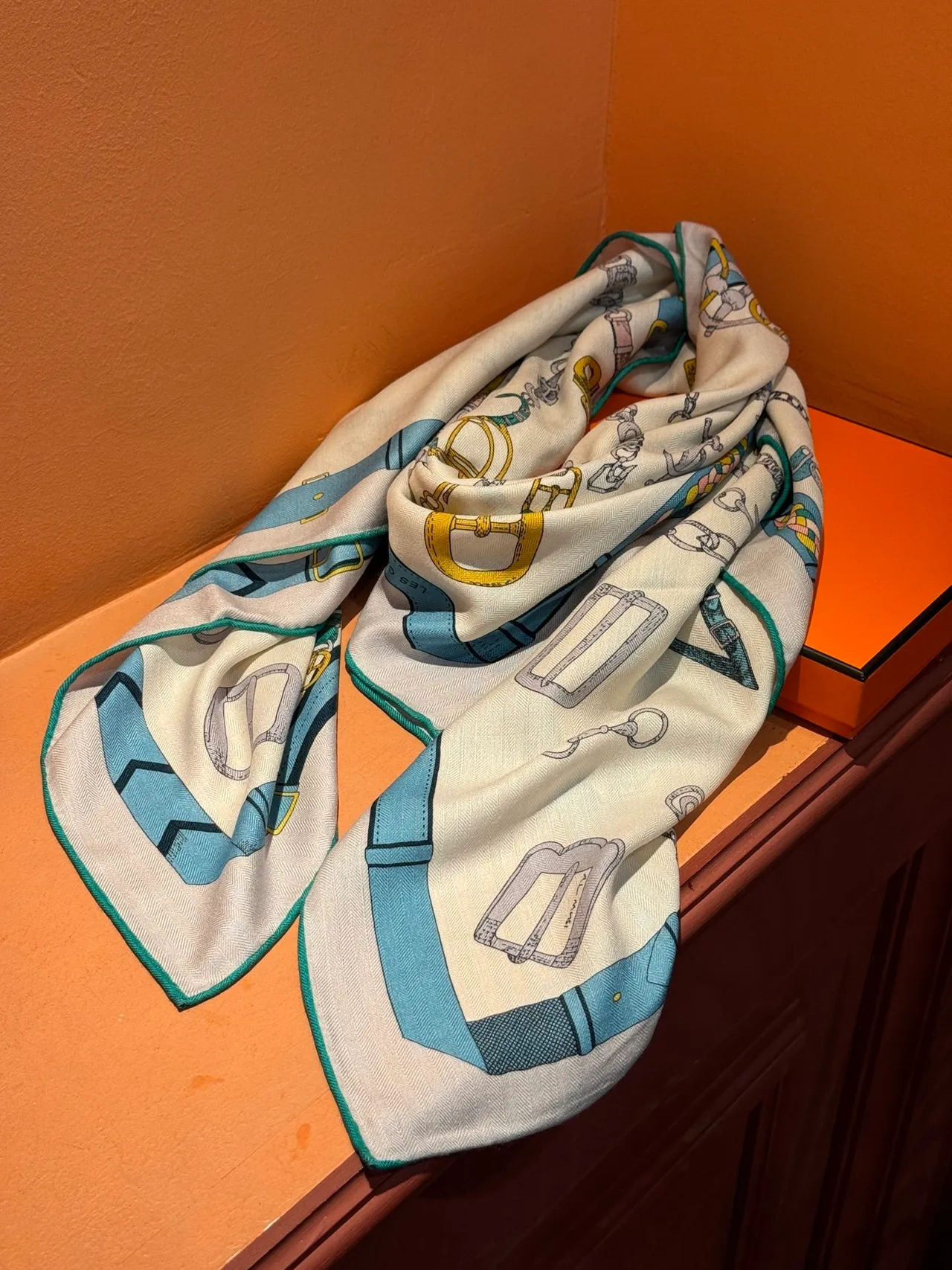 Hermès Beige Multicolor Equestrian Hardware Print On Cream Silk Scarf 8