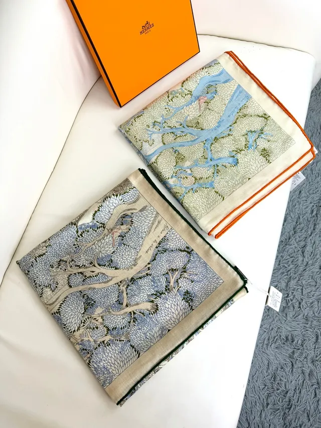 Hermès भूरे नारंगी वनस्पति प्रिंट हरिंगबोन वीव रेशम स्कार्फ 7