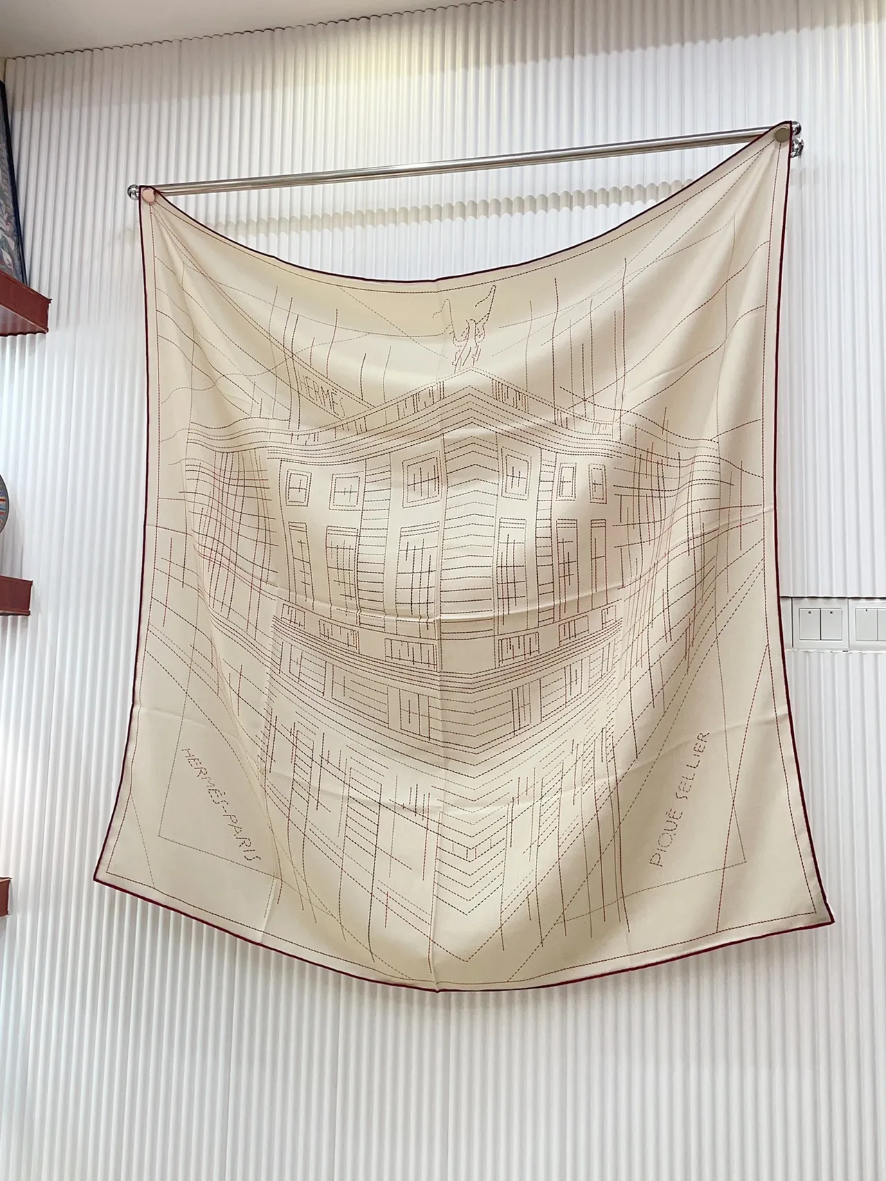 Hermès Beige Red Woven Herringbone Base Stitched Grid Pattern Shawl 6