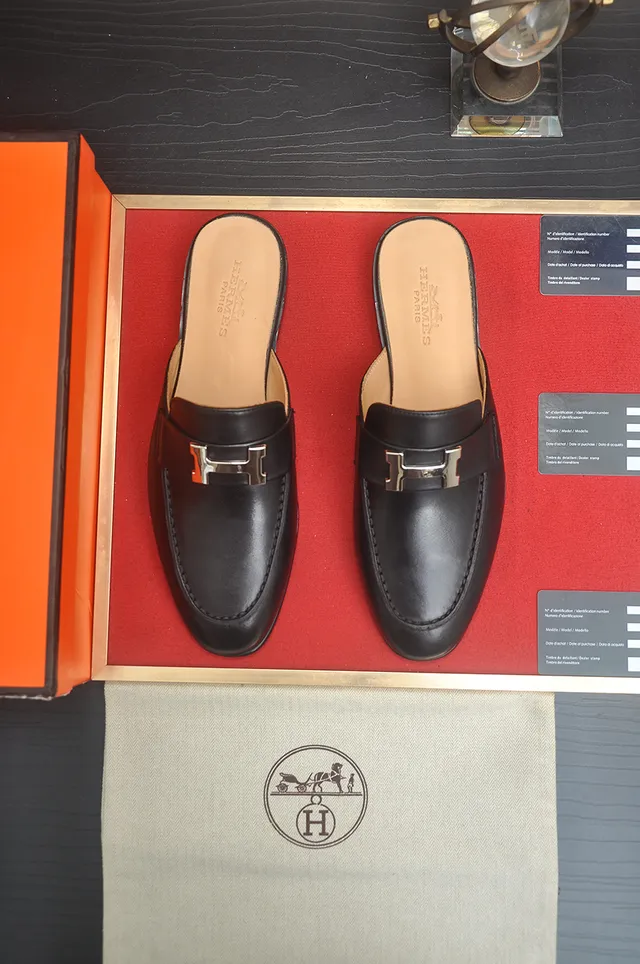 Hermès Black Beige Leather H-Shaped Metal Buckle Loafer 5