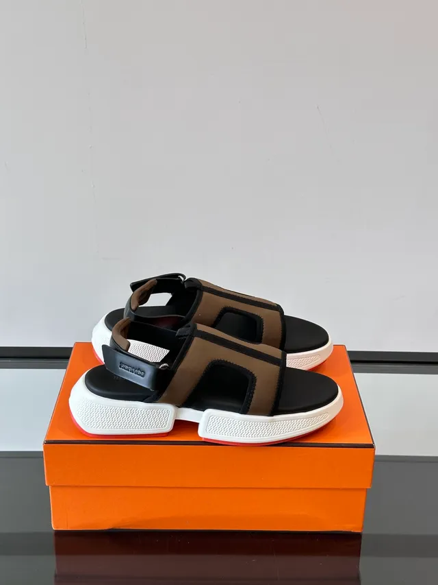 Hermès Black Beige Platform Sole Dual-Strap T-Bar Casual Sandals 7