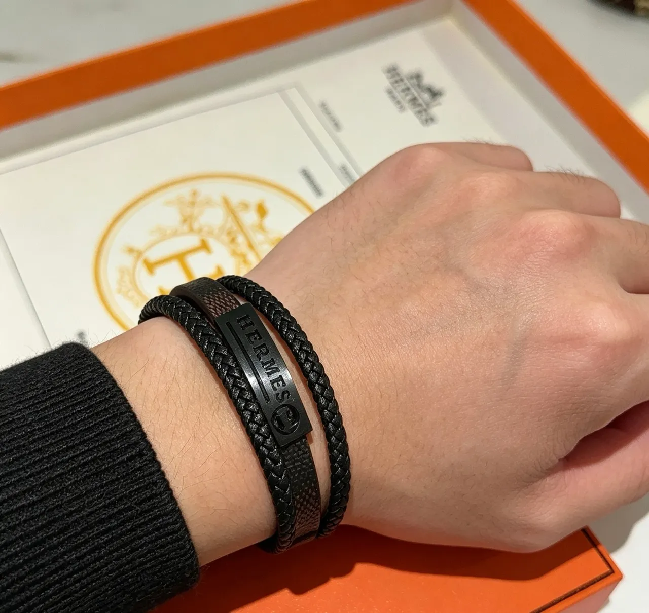 Hermès Black Braided Leather Matte Metal Plaque Bracelet 2
