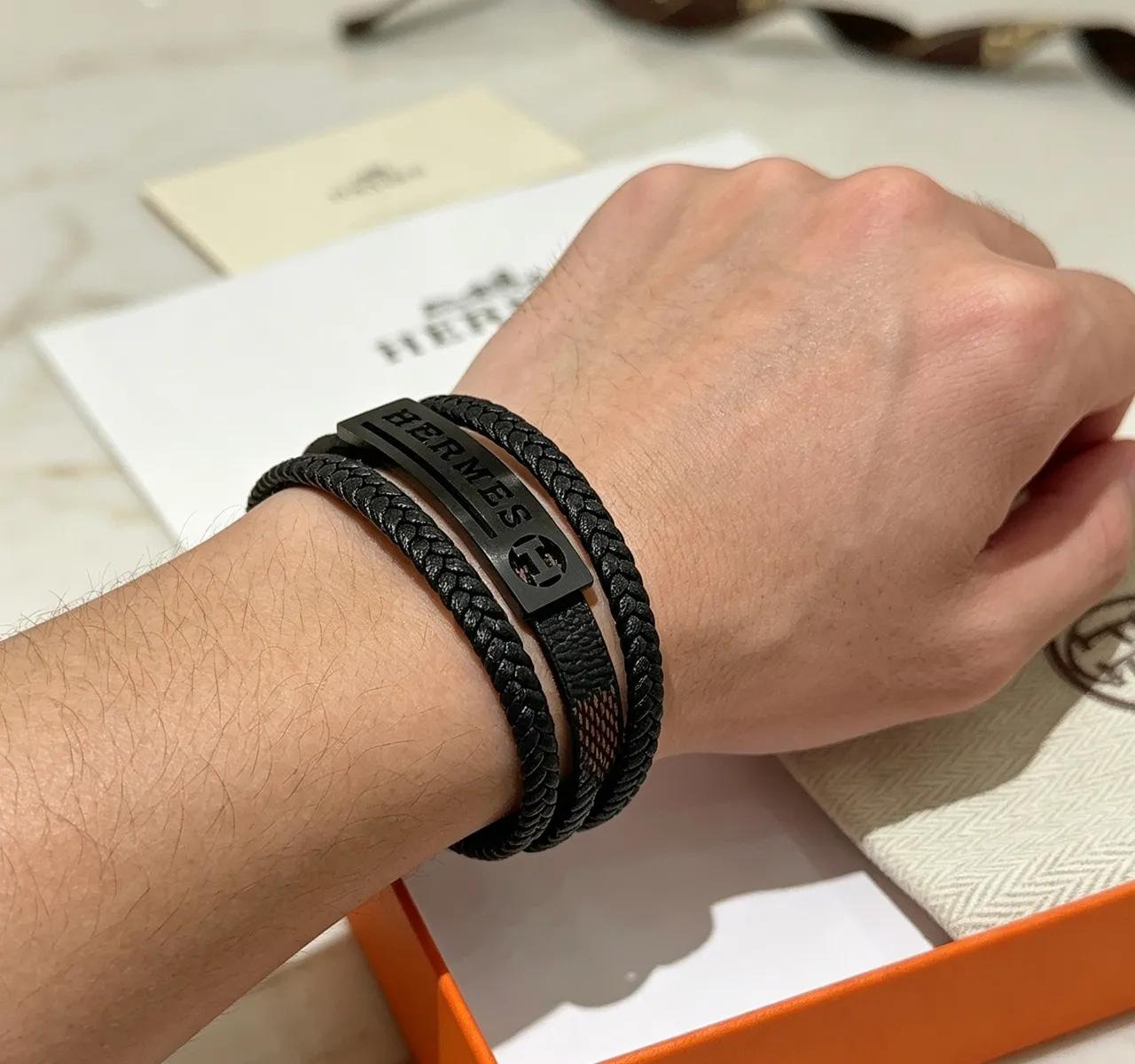 Hermès Black Braided Leather Matte Metal Plaque Bracelet 3