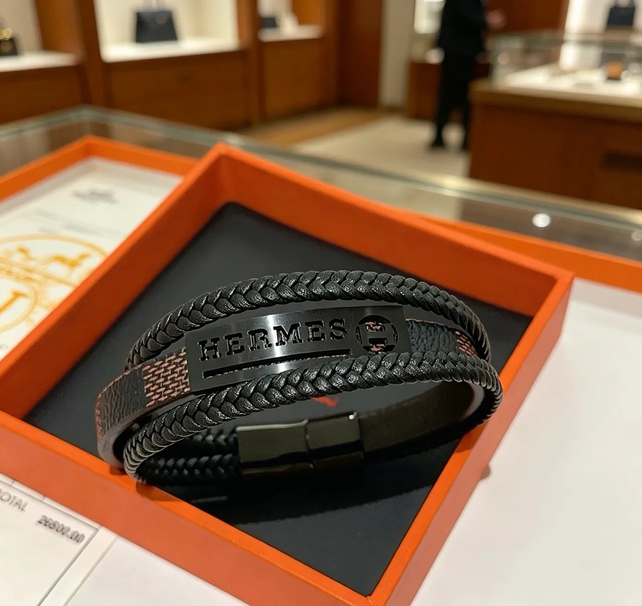 Hermès Black Braided Leather Matte Metal Plaque Bracelet 4