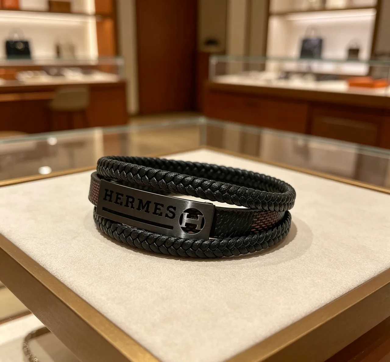 Hermès Black Braided Leather Matte Metal Plaque Bracelet 5