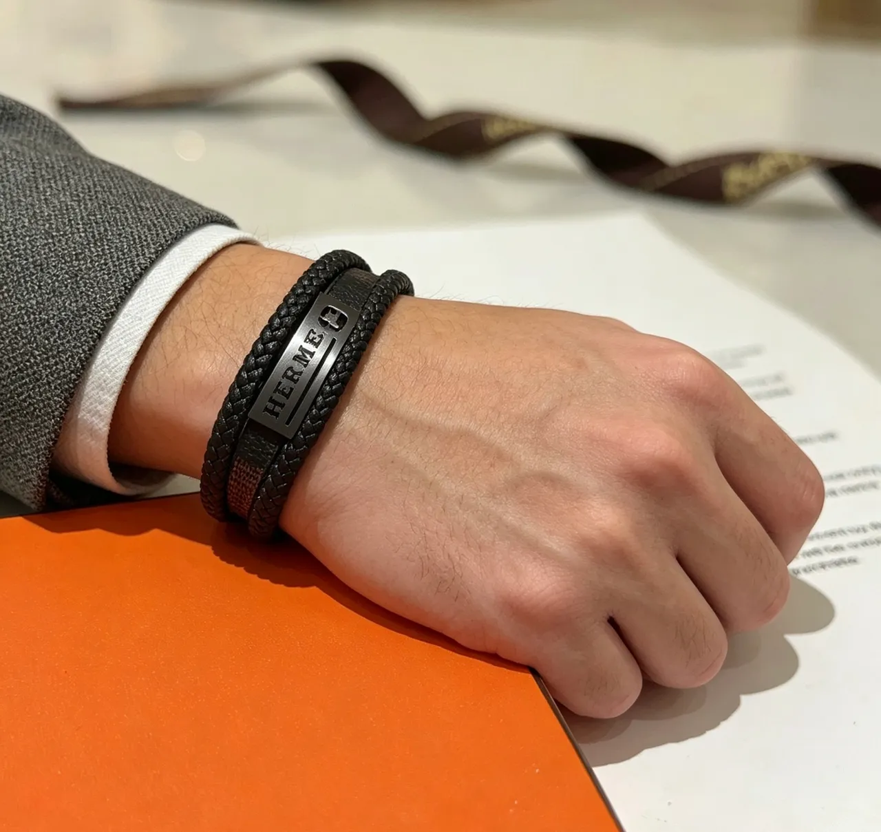 Hermès Black Braided Leather Matte Metal Plaque Bracelet 6