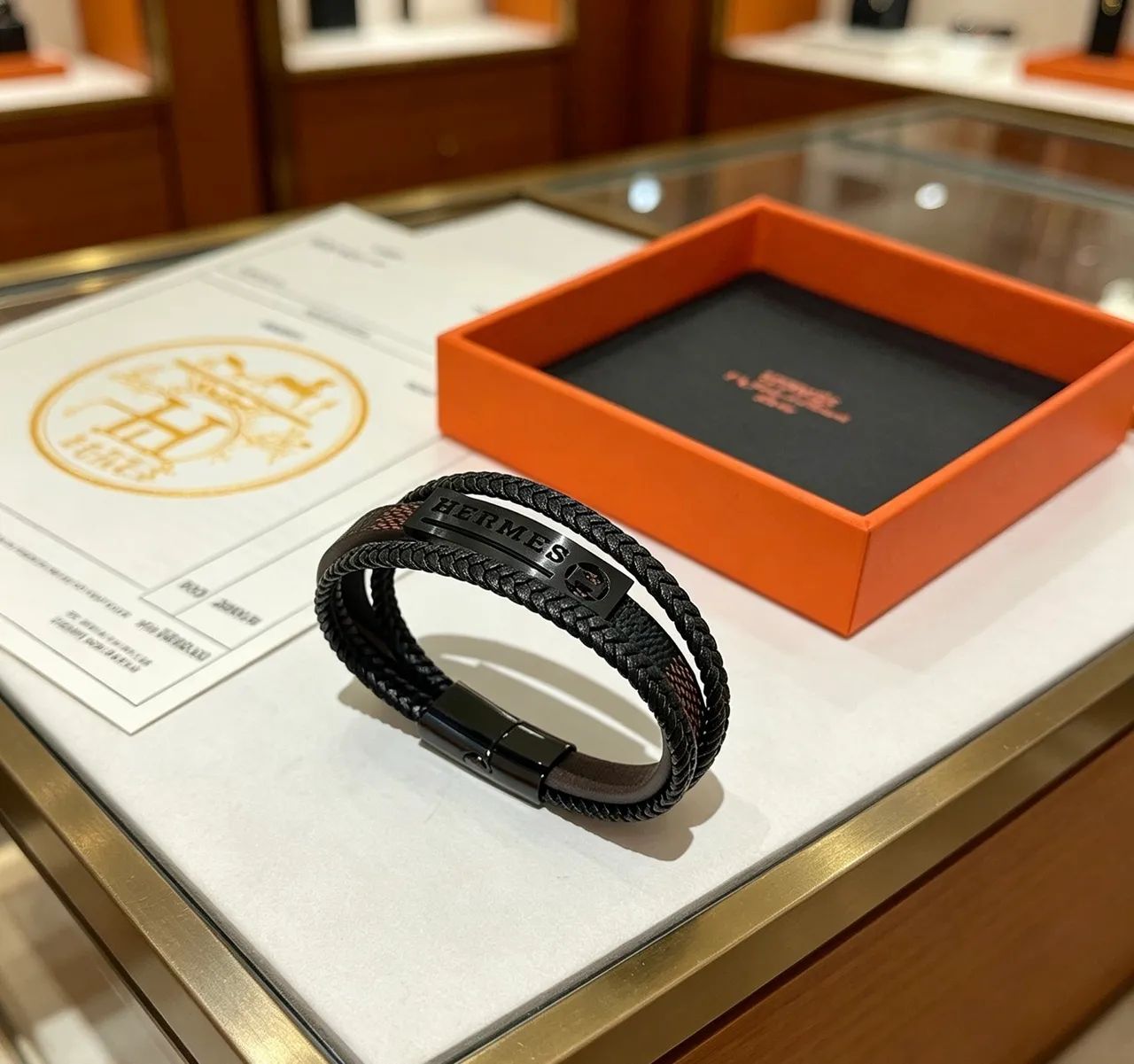 Hermès Black Braided Leather Matte Metal Plaque Bracelet 7