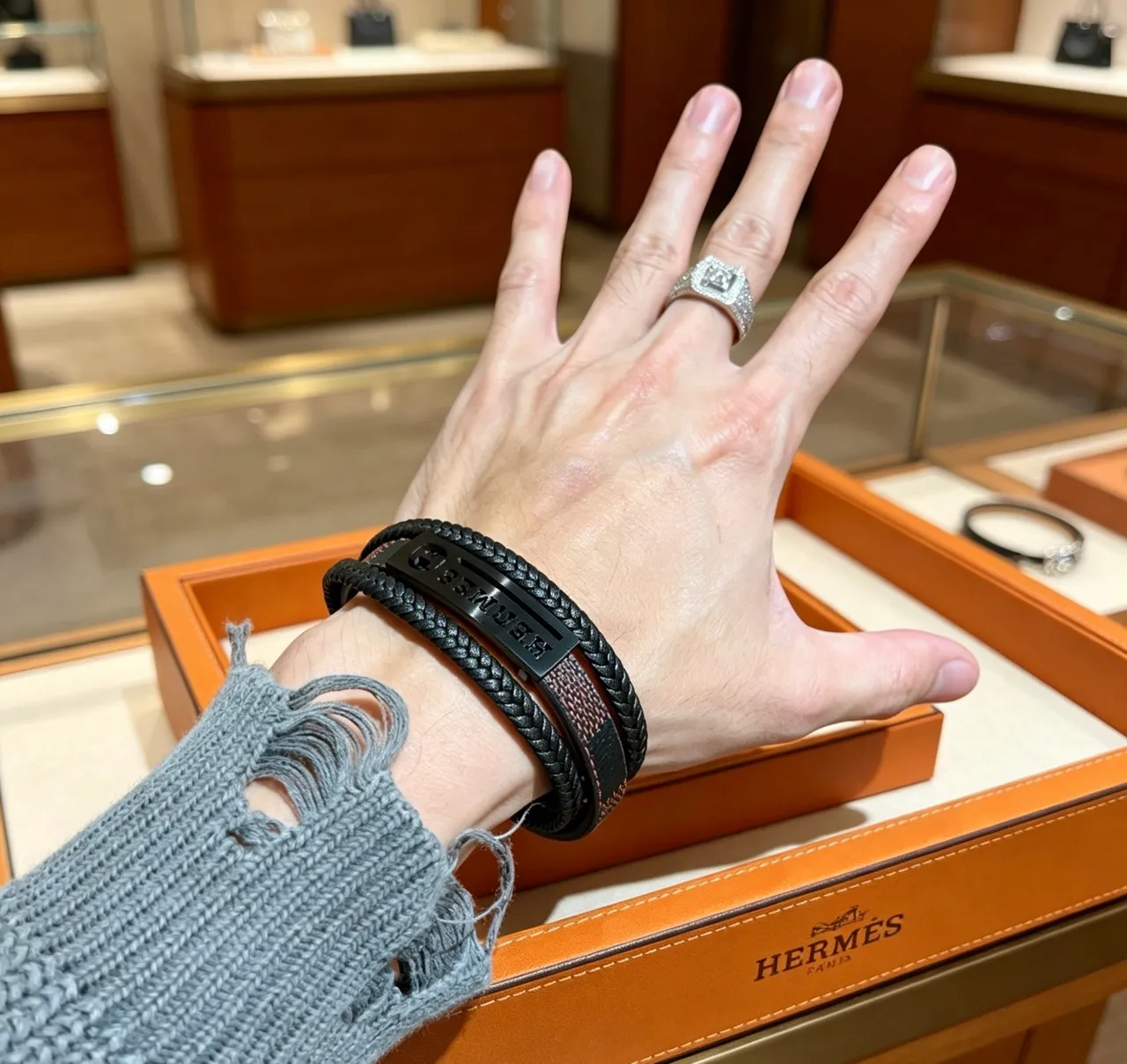 Hermès Black Braided Leather Matte Metal Plaque Bracelet 8