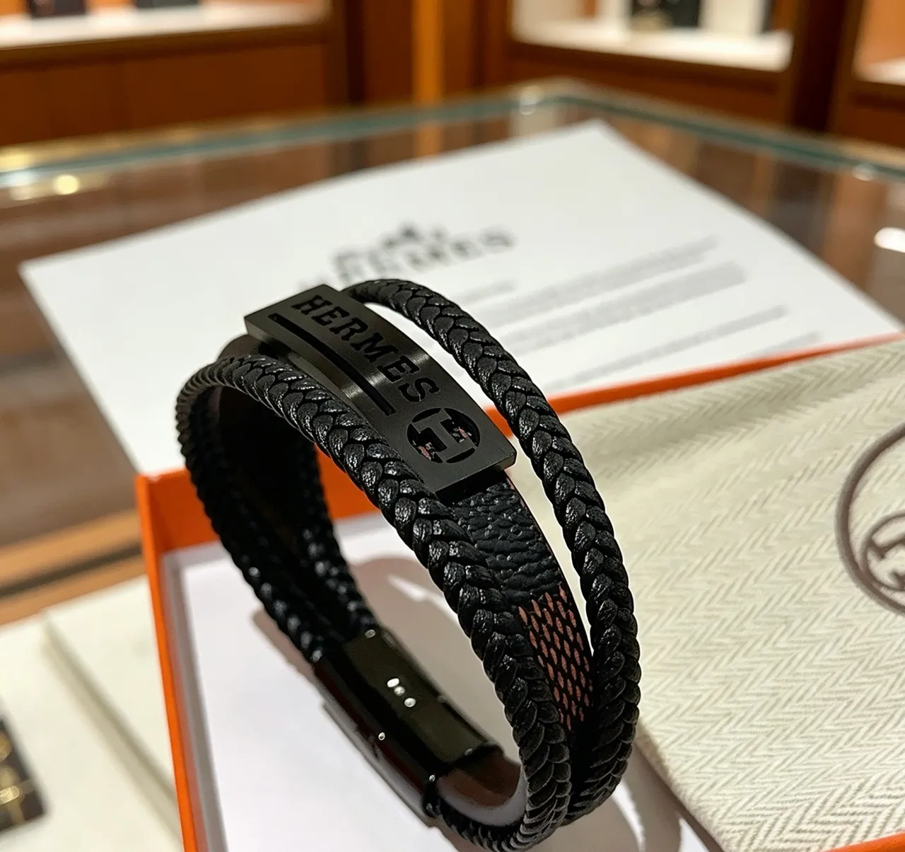 Hermès Black Braided Leather Matte Metal Plaque Bracelet 9