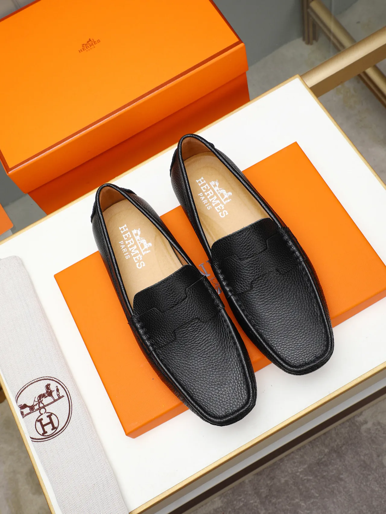 Hermès Black Brown Pebbled Leather Moccasin-Stitched Toe Loafer 2